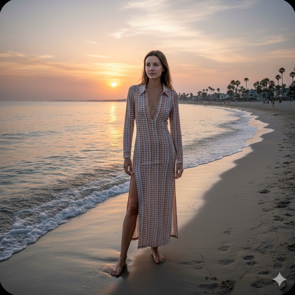 Elegant Crochet Long Sleeve Beach Coverup Dress
